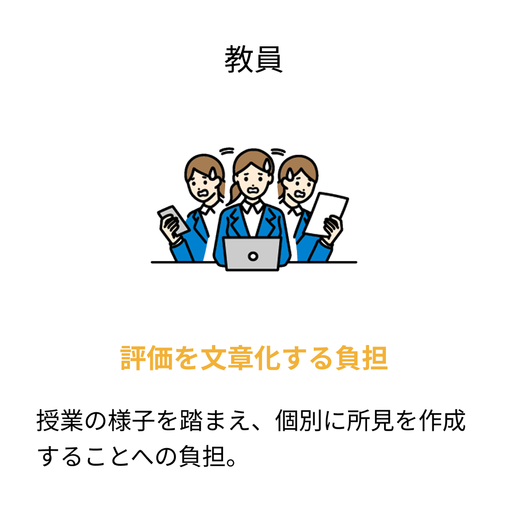 教員の課題。評価を文章化する負担。授業の様子を踏まえ、個別に所見を作成することへの負担。