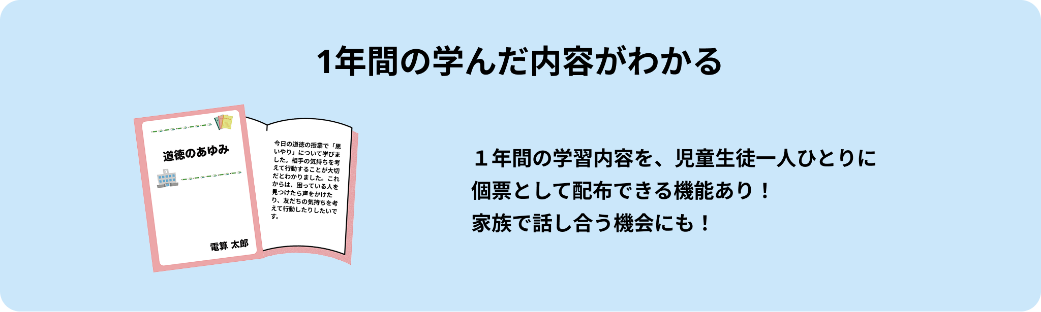 1年間の学んだ内容を個票として配布し、学んだ内容がわかる。家族で話し合う機会にも。